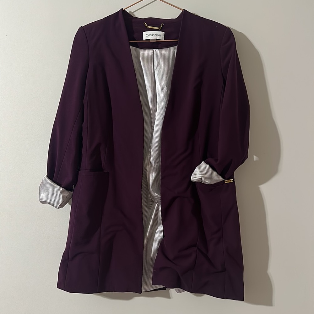 Calvin Klein Purple Blazer with Classic Lapel and Long Sleeves